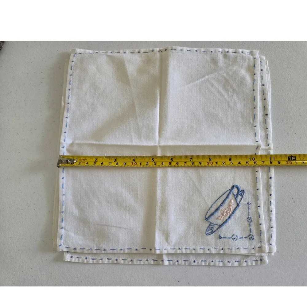 Vintage 4 Hand Embroidered Teacup Napkins Handkerchiefs White Shabby Chic LINEN
